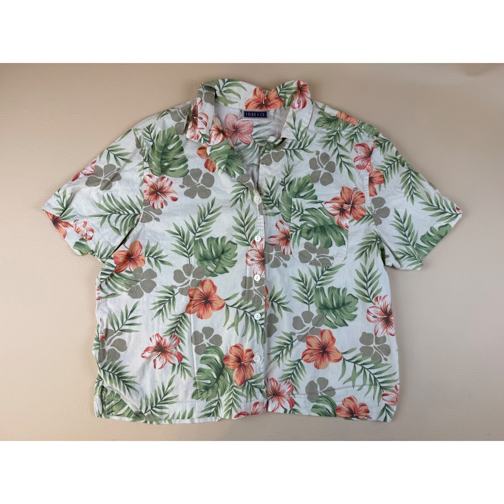 Tropical Hibiscus Camp Shirt‎ Linen Blend Floral Boxy L Erika & Co.